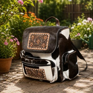 May include: A backpack crafted from black and white cowhide featuring a top handle and adjustable straps. The front flap and the lower exterior pocket are adorned with rectangular, tan-colored leather panels displaying intricate floral tooling.