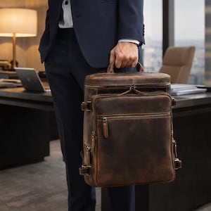 Läderryggsäck, 17,5-tums handbagageväska, Strukturerad laptopryggsäck med säkra blixtlåsfickor, Justerbara remmar, axelryggsäck