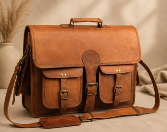 18" Full Grain Leather Laptop Messenger Bag, Dual Front Pocket Briefcase, Office Work Satchel, Laptop Carry Case, Travel Shoulder Rucksack