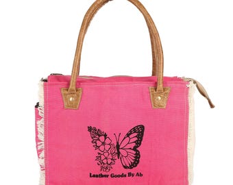 Pink Canvas Tote, Butterfly Print Shoulder Bag, Leather Handles, Large Zip Tote