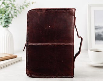 Personalized Leather Bible Cover with Handle, Zippered Scripture Organizer Case