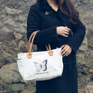 The Butterfly Bag Upcycled Canvas HandBag Upcycled Canvas and Cowhide Tote Bag, Upcycled Canvas & Cowhide Leather Bag, leather handle