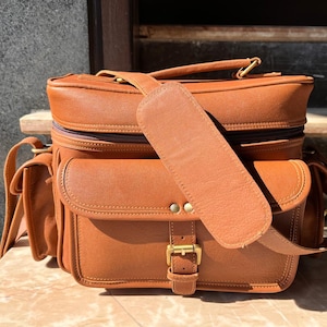 Small Travel Camera Bag/Case Leather Trim DSLR SLR Camera Shoulder Messenger Sling Bag with Top Handle and Adjustable Shoulder Strap