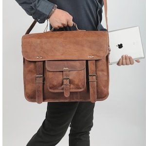 16" Leather Travel Messenger Office Crossbody Bag Laptop Briefcase College Satchel Computer Best Bag for Men and women Brown