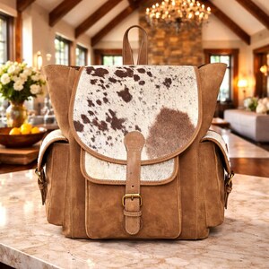 Puede incluir: Mochila de cuero marrón con solapa y detalles de piel de vaca. La mochila tiene dos bolsillos delanteros, un asa superior y correas ajustables. La solapa de piel de vaca presenta un estampado de manchas marrones y blancas. Cierre con hebilla.