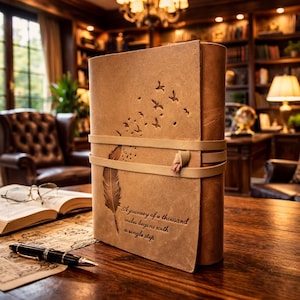 May include: A brown leather journal with a feather and bird cut-out design. The journal is secured with a leather strap and features the quote, "A journey of a thousand miles begins with a single step."