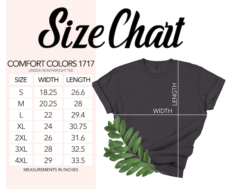 May include: Size chart for a unisex heavyweight t-shirt. The chart shows the width and length measurements in inches for sizes S through 4XL.