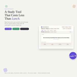Może przedstawiać: Cyfrowy interfejs zestawu do nauki z fiszkami wyświetlany na ekranie. Tekst zawiera A Study Tool That Costs Less Than Lunch, Works Offline, 100% Private, Instant Download oraz All this for Under $5, z przykładową kartą z treścią biologiczną.