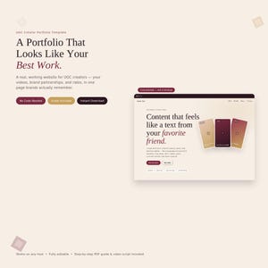 Könnte beinhalten: Eine digitale UGC-Creator-Portfolio-Vorlage mit dem Text A Portfolio That Looks Like Your Best Work und Content that feels like a text from your favorite friend. Das Layout enthält Schaltflächen für No Code Needed, Guide Included und Instant Download.