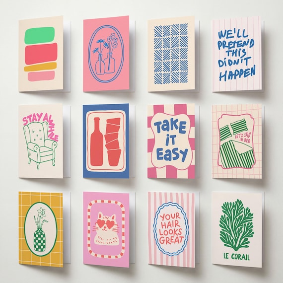 12 Card Wall Mockup PSD | A6 Greeting Card Collection, Gallery Display, Editable Smart Object | Stationery Grid Template Scene