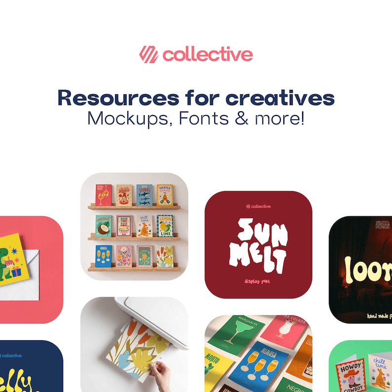 Peut inclure: Un graphique num&eacute;rique pr&eacute;sentant le texte collective Resources for creatives Mockups, Fonts & more! entour&eacute; de vignettes carr&eacute;es affichant des cartes de v&oelig;ux color&eacute;es, des exemples de typographie et une imprimante sortant un motif floral.