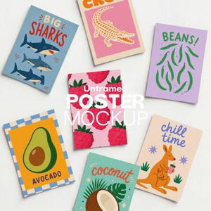 May include: A collection of six rectangular art prints featuring various illustrations including sharks with the text BIG SHARKS, a crocodile, green beans with the text BEANS!, raspberries, an avocado with the text AVOCADO, and a kangaroo with the text chill time.