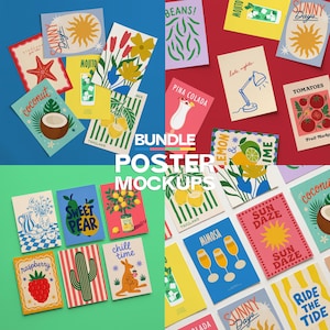 May include: A collection of colorful rectangular posters featuring various graphic illustrations including fruits, drinks, flowers, and animals with text such as Sunny Days, Mojito, Coconut, Beans, Pina Colada, Tomatoes, Sweet Pear, and Mimosa.