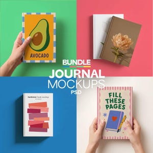 May include: A bundle of journal mockups with various cover designs. One journal features an avocado illustration with the word "AVOCADO". Another has a flower, and a third displays colorful rectangles. The last journal says "FILL THESE PAGES".