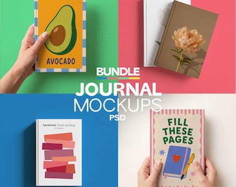 Può includere: Un pacchetto di mockup di diario con vari design di copertina. Un diario presenta un'illustrazione di avocado con la parola "AVOCADO". Un altro ha un fiore e un terzo mostra rettangoli colorati. L'ultimo diario dice "FILL THESE PAGES".