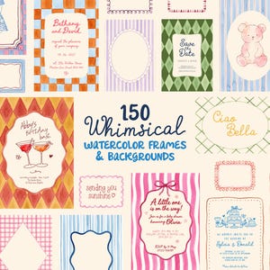 Può includere: Una collezione di 150 cornici e sfondi ad acquerello con vari motivi tra cui strisce, quadri e rombi in colori come rosa, blu, verde e arancione. Il testo 150 Whimsical Watercolor Frames & Backgrounds è centrato.
