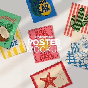 May include: A collection of six rectangular posters featuring various graphic illustrations including a coconut, a pear, a cactus, a sun with the text SUN DAZE, a blue and white still life, and a red starfish with the text STARCHEF good vibes.