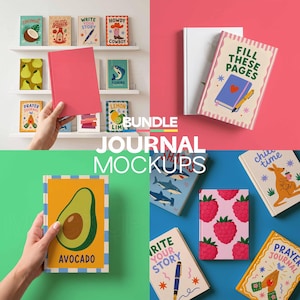 May include: A selection of journal mockups with diverse cover designs. The journals showcase illustrations of an avocado, raspberries, sharks, and a kangaroo. Other covers display text like "Fill These Pages" and "Write Your Story". The image also includes journals with fruit and cowboy themes.