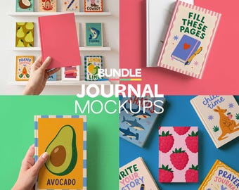 Set van 4 mockupbundels voor tijdschriften | Minimale hardcover mockup, vooromslag PSD PNG-mockup voor het houden van dagboek, slim object tijdschriftplank mockup