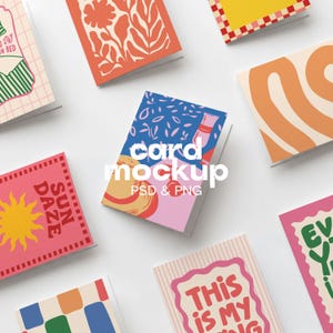 May include: A collection of rectangular greeting cards featuring various graphic designs, including a yellow sun with the text SUN DAZE, a pink card with the text THIS IS MY, and a central card displaying the white text card mockup PSD & PNG.
