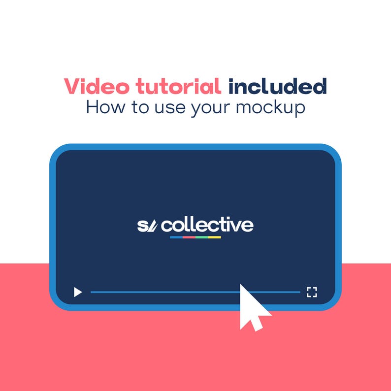 Puede incluir: Una interfaz de reproductor de video rectangular de color azul oscuro con el texto blanco "s/ collective" y una l&iacute;nea multicolor debajo. Sobre el reproductor, el texto dice "Video tutorial included How to use your mockup" con un icono de cursor blanco.