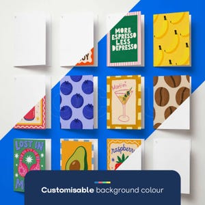 May include: A collection of rectangular greeting cards featuring various graphic designs including bananas, blueberries, coffee beans, an avocado, a martini, and headphones. One card displays the text MORE ESPRESSO LESS DEPRESSO.