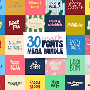 Pode incluir: Uma exibição gráfica digital apresentando um pacote de 30 fontes criativas. A imagem é composta por uma grade de quadrados coloridos, cada um exibindo um estilo de fonte único com nomes como Jolly Mango, Wild Anchovy, Biscuit Bump e Party Pickle.