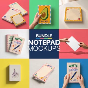 May include: A selection of notepads with diverse designs. One notepad displays an avocado illustration with the word "AVOCADO". Other notepads have lined pages and the phrases "GROCERY LIST", "MY NOTES", and "WRITE YOUR STORY". The image also includes the text "BUNDLE NOTEPAD MOCKUPS".