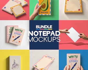Può includere: Una collezione di blocchi per appunti con vari design. Un blocco per appunti presenta un'illustrazione di avocado con la parola "AVOCADO". Altri blocchi per appunti hanno pagine a righe e le frasi "GROCERY LIST", "MY NOTES" e "WRITE YOUR STORY". L'immagine include anche il testo "BUNDLE NOTEPAD MOCKUPS".