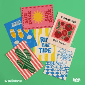 May include: A collection of five rectangular art prints featuring various designs: a pink print with a yellow sun and text reading SUN DAZE, a blue print with two glasses and text reading MIMOSA, a yellow striped print with text reading RIDE THE TIDE, a cream print with red tomatoes and text reading TOMATOES FRUIT MARKET, and a white print with blue floral illustrations.