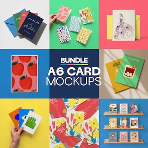 May include: A collection of A6 card mockups with various designs, including floral, abstract, and cocktail-themed illustrations. Some cards feature text like "save the date," "Mojito," and "Negroni." The image also includes envelopes and a shelf display.