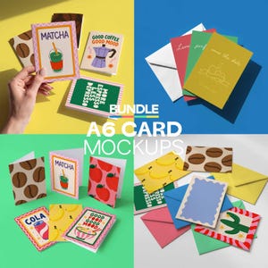 May include: A collection of A6 card mockups with various designs. Some cards feature coffee beans, matcha, and cola graphics. Others have text like "Good Coffee Good Mood" and "Save the Date". The word "BUNDLE" is also visible.