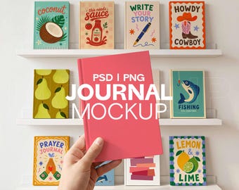 Mockup tijdschriftplank PSD en png | Mockup meerdere dagboeken, plannersjabloon vasthouden, muur notebookgalerij, gebedsdagboek, mockup boekenplank