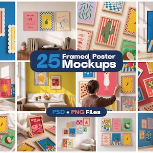 Peut inclure: Une collection de 25 maquettes d'affiches encadrées présentant diverses illustrations graphiques, notamment un chien, une poire, un cactus, une noix de coco et un soleil. L'ensemble inclut des fichiers PSD et PNG avec des œuvres colorées.