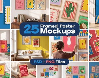 Puede incluir: Una colección de 25 maquetas de pósteres enmarcados con diversas ilustraciones gráficas, incluyendo un perro, una pera, un cactus, un coco y un sol. El conjunto incluye archivos PSD y PNG que muestran variadas obras de arte coloridas.