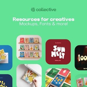 Puede incluir: Una pantalla gr&aacute;fica verde con el texto collective Resources for creatives Mockups, Fonts & more! que muestra varios recursos de dise&ntilde;o, incluyendo tarjetas de felicitaci&oacute;n en estantes, una vista previa de fuente Sun Melt y papel floral impreso.
