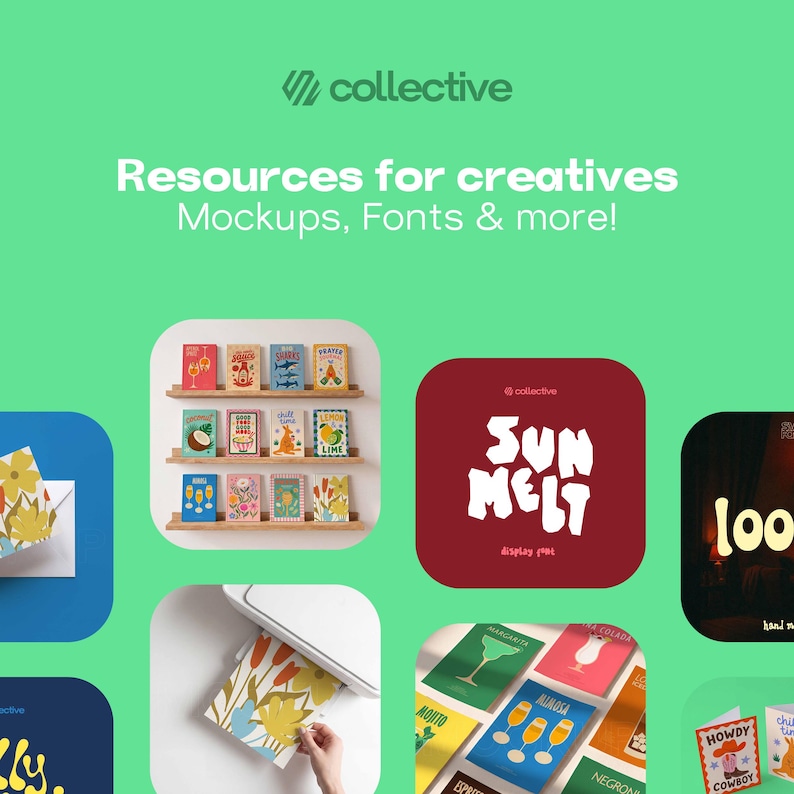 Puede incluir: Una pantalla gr&aacute;fica verde con el texto collective Resources for creatives Mockups, Fonts & more! que muestra varios recursos de dise&ntilde;o, incluyendo tarjetas de felicitaci&oacute;n en estantes, una vista previa de fuente Sun Melt y papel floral impreso.