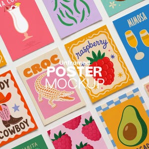 Puede incluir: Una colecci&oacute;n de carteles rectangulares coloridos con varias ilustraciones que incluyen un c&oacute;ctel blanco, jud&iacute;as verdes, una frambuesa roja, una mimosa amarilla, un cocodrilo blanco, una bota de vaquero rosa y un aguacate verde.