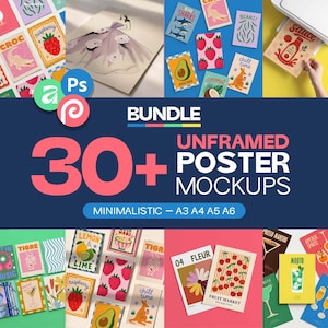 May include: A digital bundle of over 30 unframed poster mockups featuring various graphic illustrations including fruits, animals, and cocktails. The collection includes designs labeled A3, A4, A5, and A6, showcasing colorful artwork with text elements like Raspberry, Sauce, and Fruit Market.