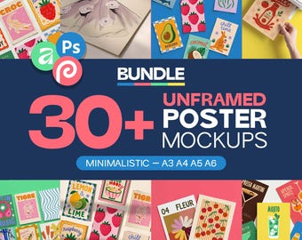 30+ Poster Mockup Bundle | Unframed Vertical Paper Mockup PSD, Minimalistic Mockup for Printables, Wall Art & Poster Display for Designers