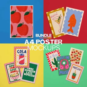 May include: A collection of A4 poster mockups. Designs include red apples, a martini, a fish, a cola can, and the text "More Espresso Less Depresso". The posters are displayed against colourful backgrounds.