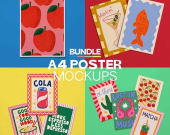 Set van 4 Mockup A4-posters | Niet ingelijste prints op papier met structuur | Minimale briefpapierscène | Compatibel met PSD Photopea Affinity | Sjabloon