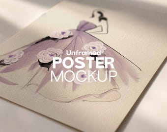 Niet-ingelijste 5:7 poster-mockup PSD | A4, DIN A minimaal, fine-artprint, close-up papiertextuur, zacht licht schaduw bewerkbare sjabloon slim object