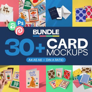 May include: A collection of card mockups with various designs, including a cowboy, sharks, and coffee beans. The image features the text "BUNDLE 30+ CARD MOCKUPS" and "A4 A5 A6 - DIN A RATIO".