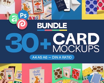 30+ Card Mockup Bundle | PSD, A4 A5 A6 Greeting Card Invitation Folded Mockups, Editable Backgrounds, Smart Object Templates