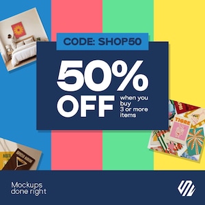 May include: A promotional graphic featuring a dark blue rectangle with the white text CODE: SHOP50, 50% OFF, and when you buy 3 or more items. The background consists of vertical stripes in blue, pink, green, and yellow, with small images of wall art.