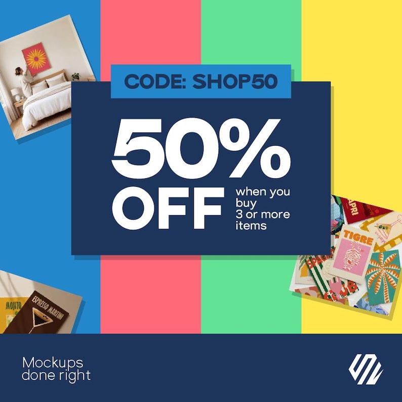 May include: A promotional graphic featuring a dark blue rectangle with the white text CODE: SHOP50, 50% OFF, and when you buy 3 or more items. The background consists of vertical stripes in blue, pink, green, and yellow, with small images of wall art.