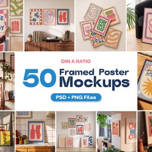 May include: A collection of 50 framed poster mockups featuring various graphic designs in light wood frames. The images display colorful illustrations, abstract shapes, and text-based art, presented in diverse interior settings like living rooms and kitchens.