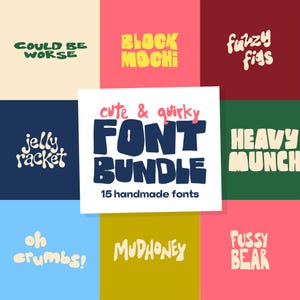 May include: A digital graphic displaying a font bundle collection with a central white square containing the text cute & quirky FONT BUNDLE 15 handmade fonts. Surrounding this are eight colorful panels featuring various stylized typography samples.