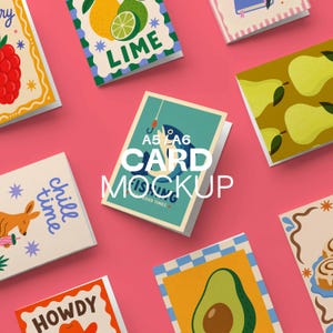 May include: A collection of colorful greeting cards with various designs, including fruit, animals, and the text "CARD MOCKUP". The cards are arranged on a pink background. Some cards have the text "LIME", "HOWDY", and "chill time".
